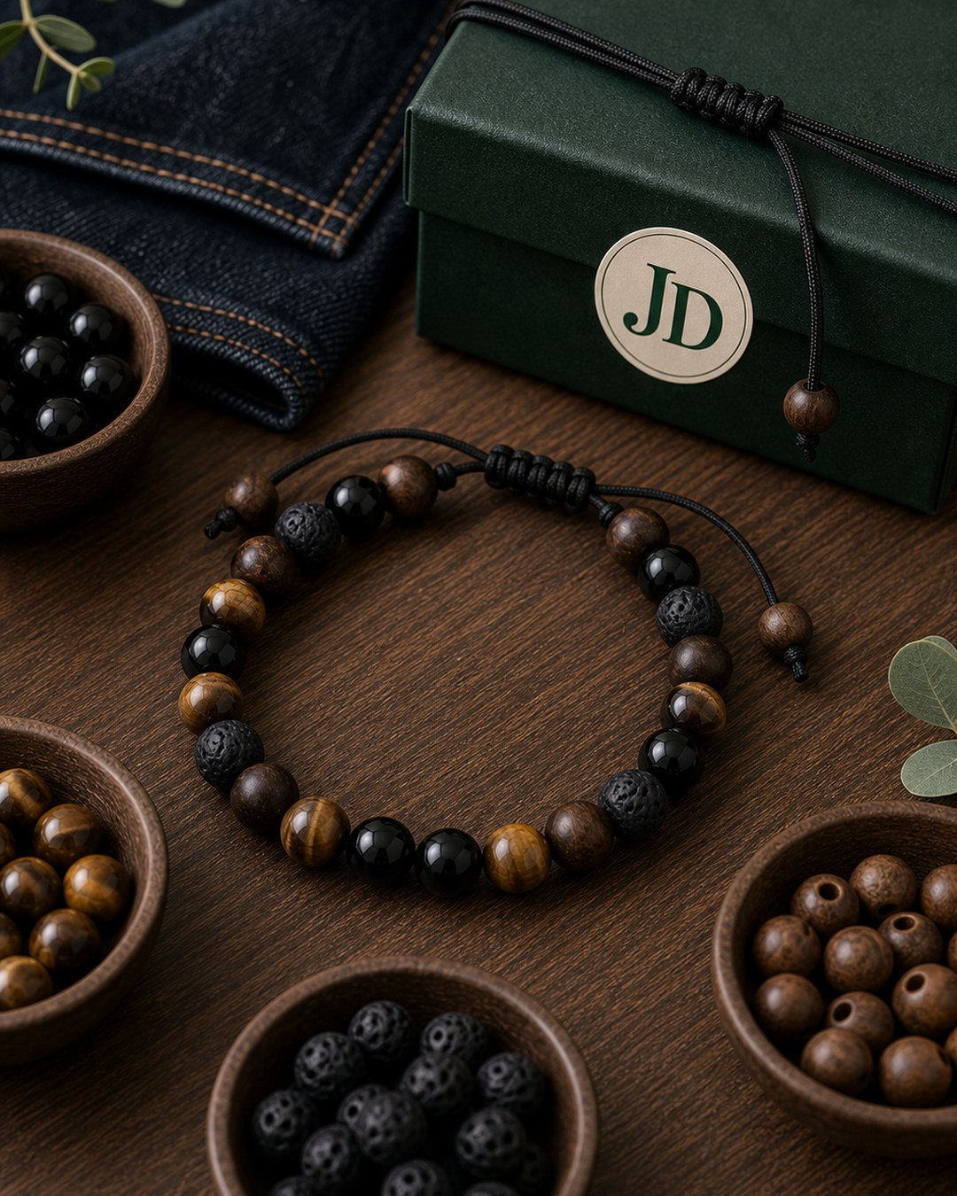 men's tiger eye black onyx wood natural bead bracelet with cord knots