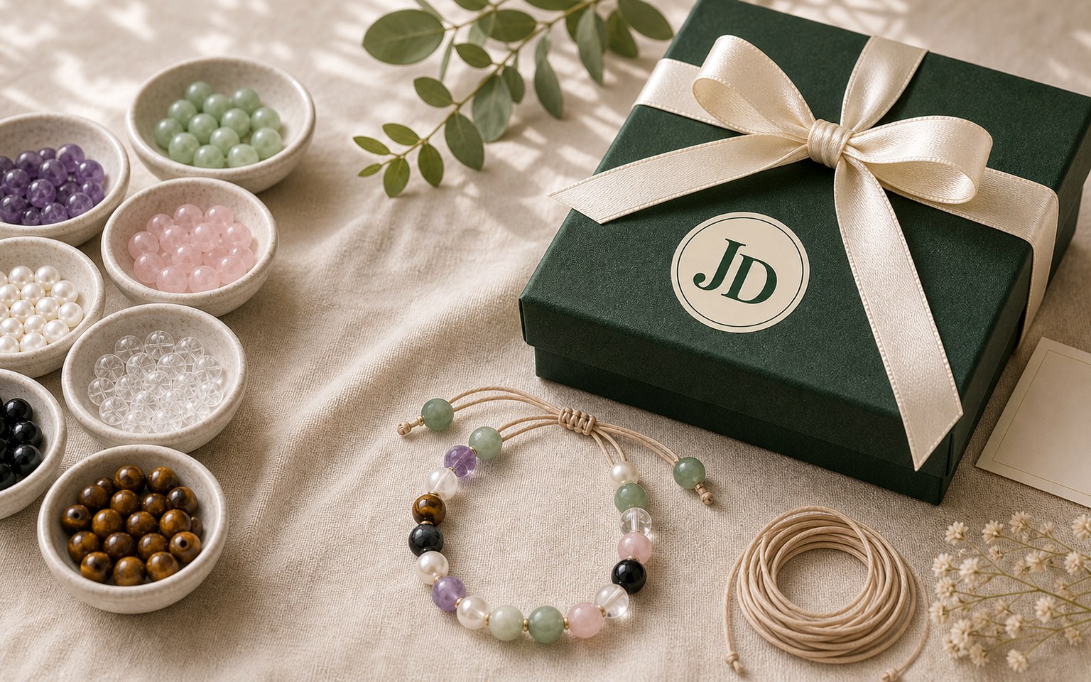 personalized natural bead bracelet gift box with JD logo