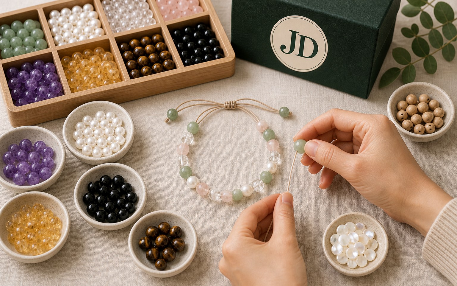 custom natural bead bracelet builder preview with JD branded handmade bracelets