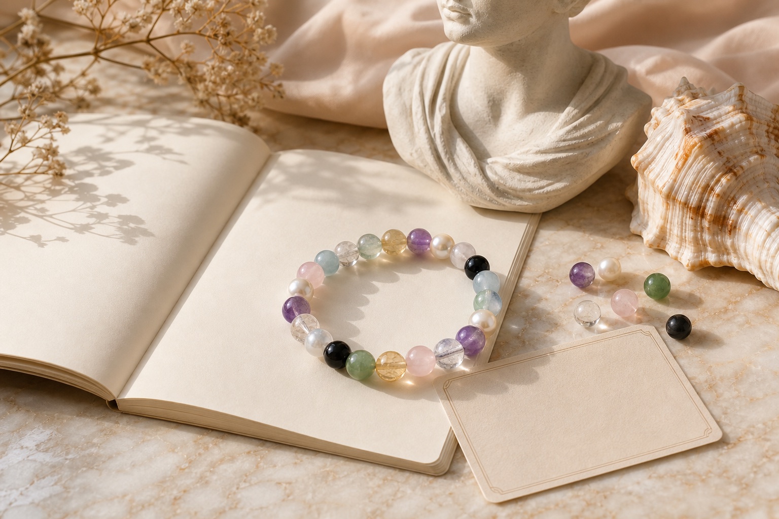 A gemstone and pearl bracelet with a blank journal, shell and classical sculpture for jewelry mythology stories