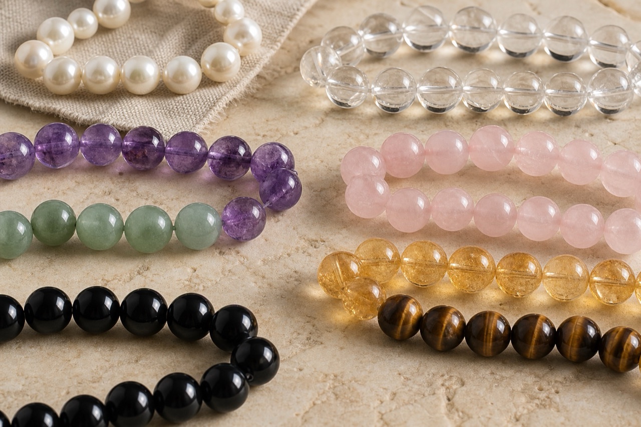 Natural pearl, crystal, jade, rose quartz, tiger eye and onyx bead texture reference