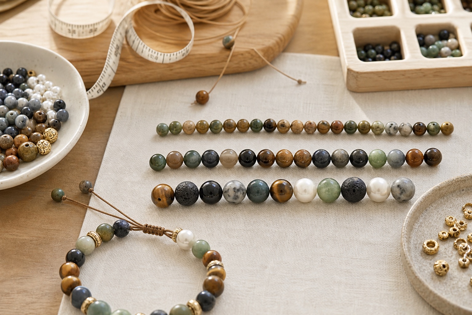 6mm 8mm and 10mm bead bracelet size comparison on a jewelry workbench