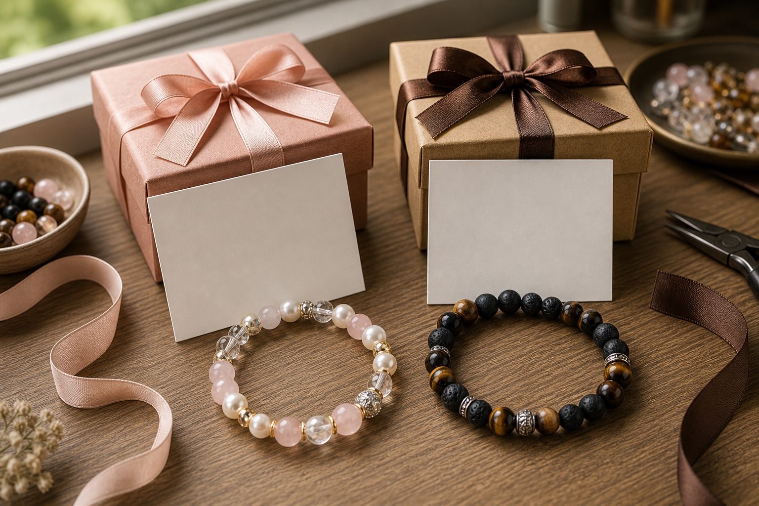 Two coordinated custom bead bracelets with blank gift cards and boxes