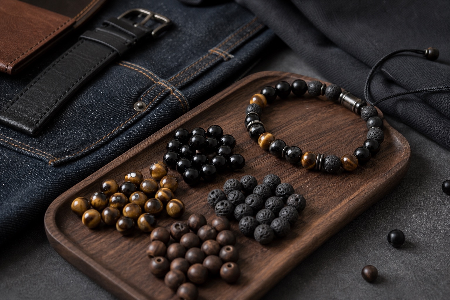 Tiger eye black stone lava style and wood beads for men's bracelets