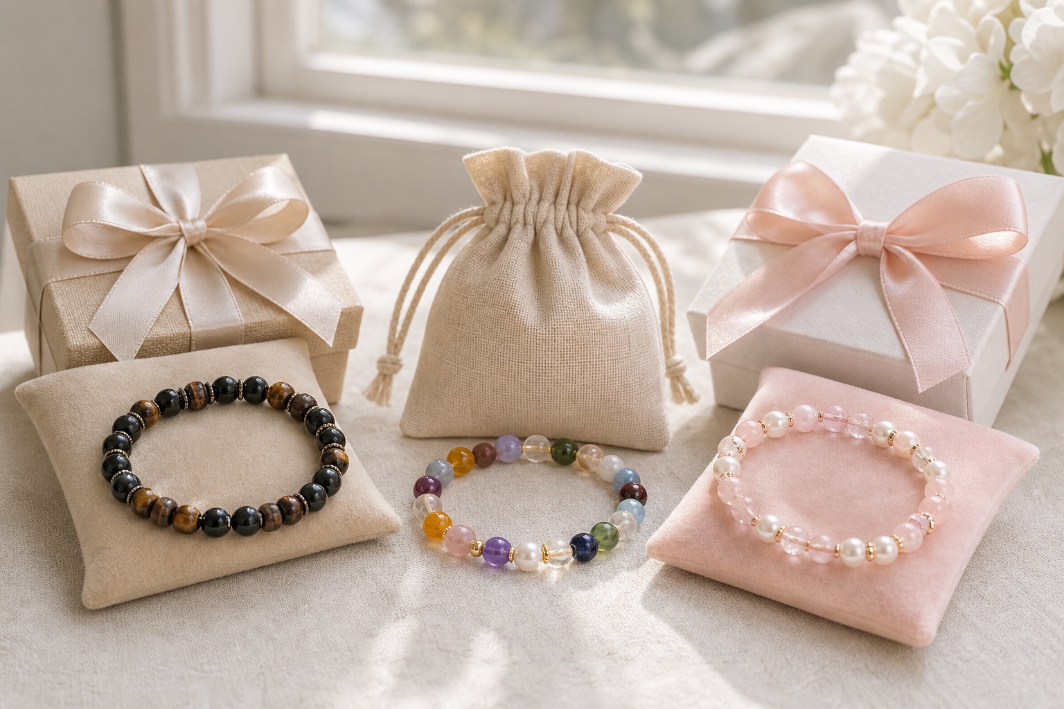US gift occasion table with bracelet jewelry packaging and cards