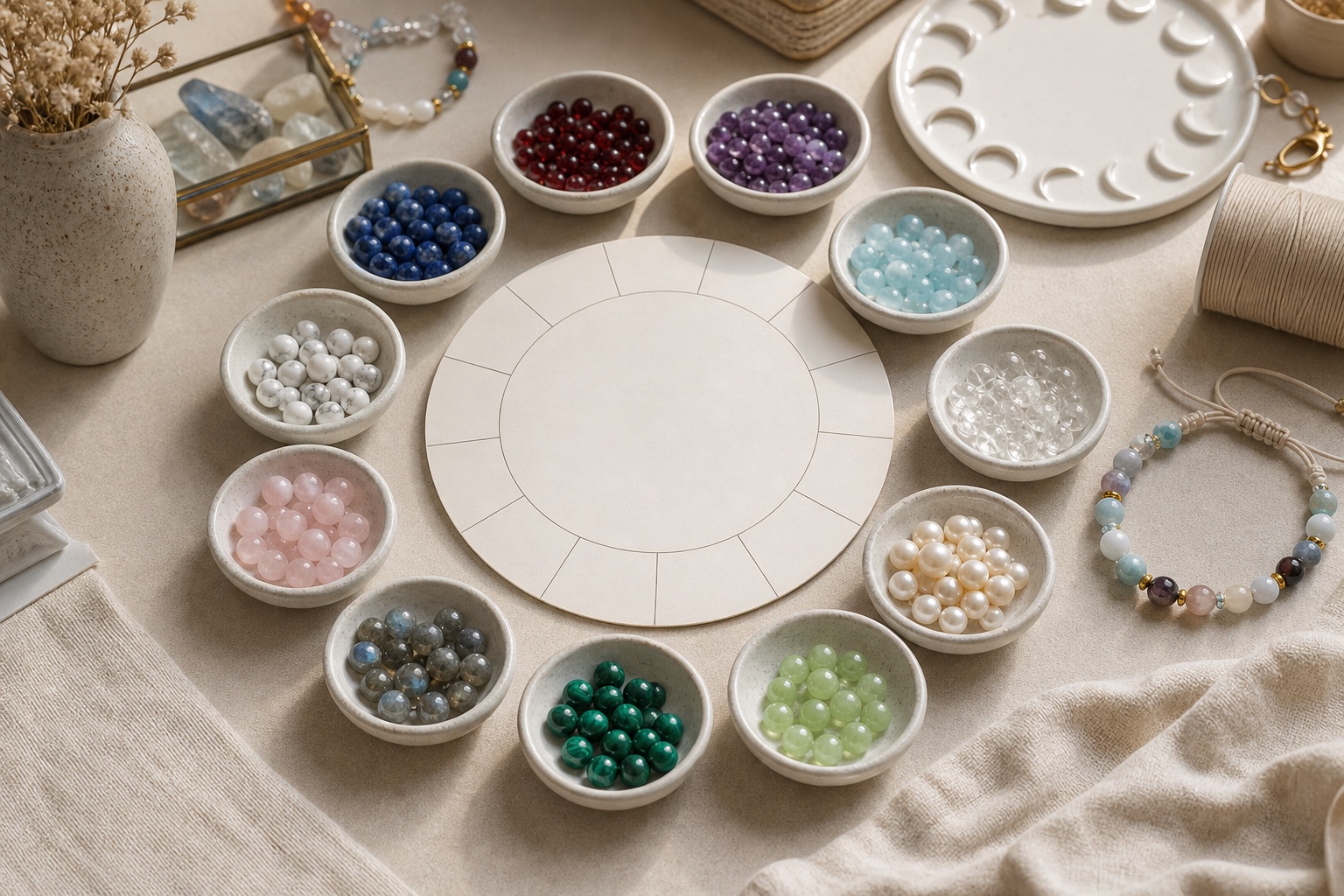 Birthstone color bead bowls arranged around a blank circular calendar card